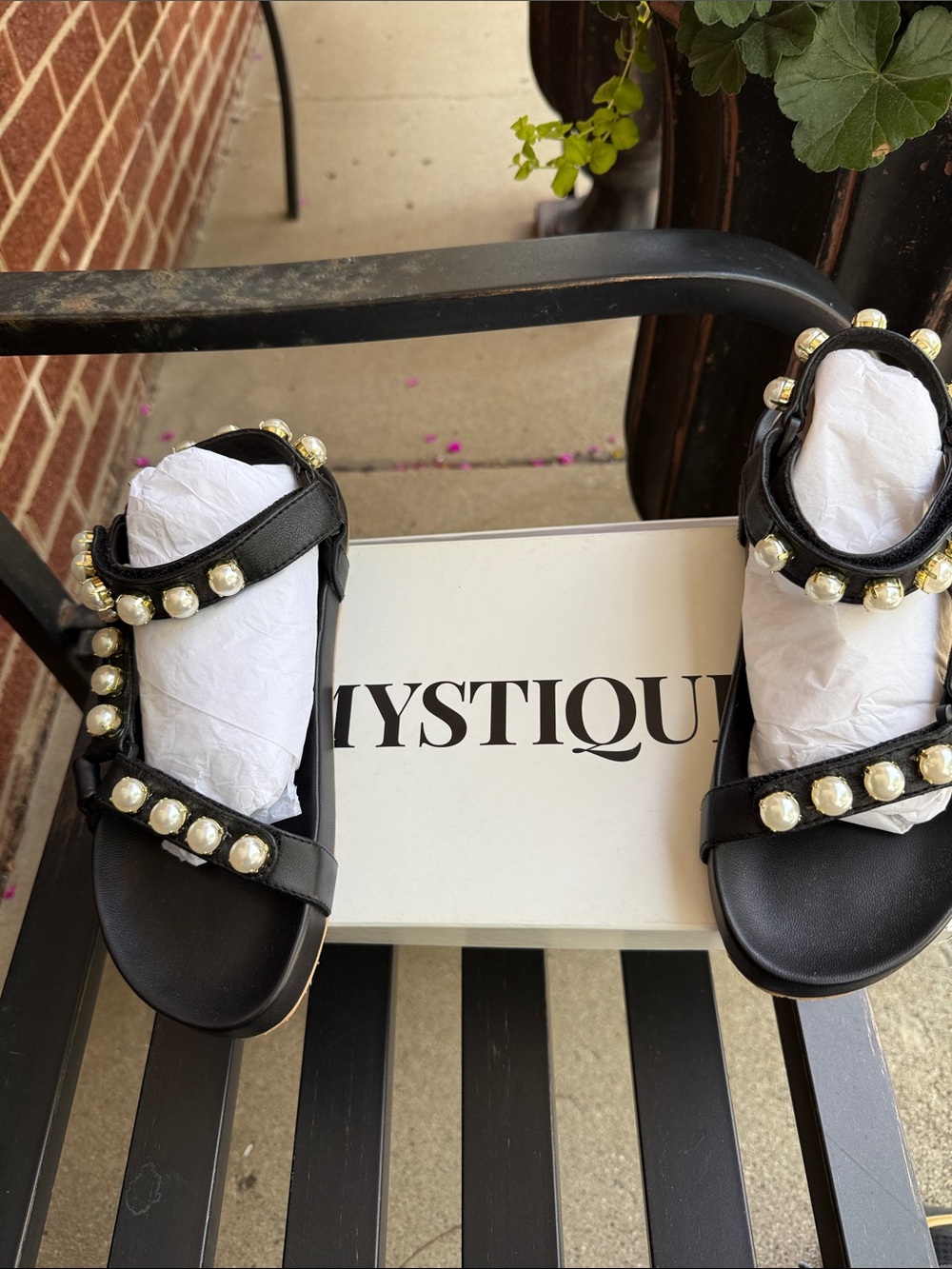Mystique Boutique Black Sandals with Gold Pearl Studs - Picture 4 of 4